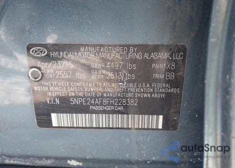 2015 Hyundai Sonata Se z USA, uszkodzony, nr VIN 5NPE24AF8FH228382